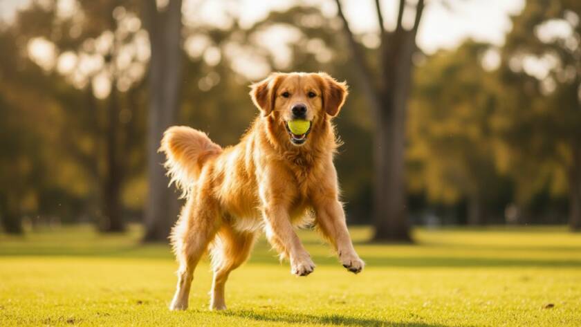 A golden retriever mid-leap, catching a frisbee with pure joy, expertly captured during an Oakleigh South pet photography vibrant outdoor portraits session, set against a sun-drenched park backdrop.