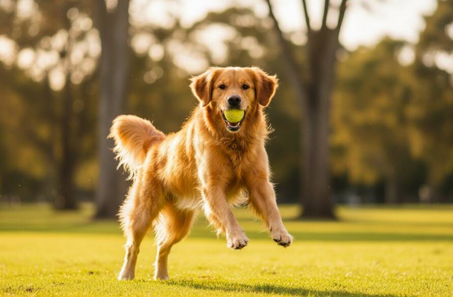 A golden retriever mid-leap, catching a frisbee with pure joy, expertly captured during an Oakleigh South pet photography vibrant outdoor portraits session, set against a sun-drenched park backdrop.