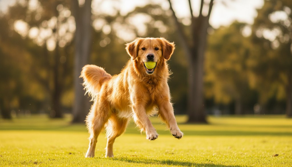 A golden retriever mid-leap, catching a frisbee with pure joy, expertly captured during an Oakleigh South pet photography vibrant outdoor portraits session, set against a sun-drenched park backdrop.