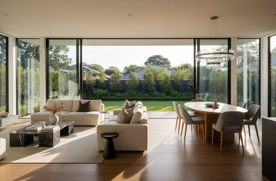 Dramatic, wide-angle shot of a modern, light-filled living area in an Oakleigh South home, showcasing luxurious interiors with golden hour sunlight streaming through large windows, captured with professional real estate photography transforming property appeal.