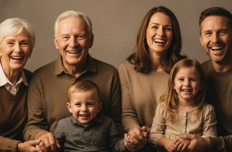An emotionally resonant, professional portrait of a multi-generational family joyfully interacting in a brightly lit studio, embodying Oakleigh studio photography capturing timeless family portraits.