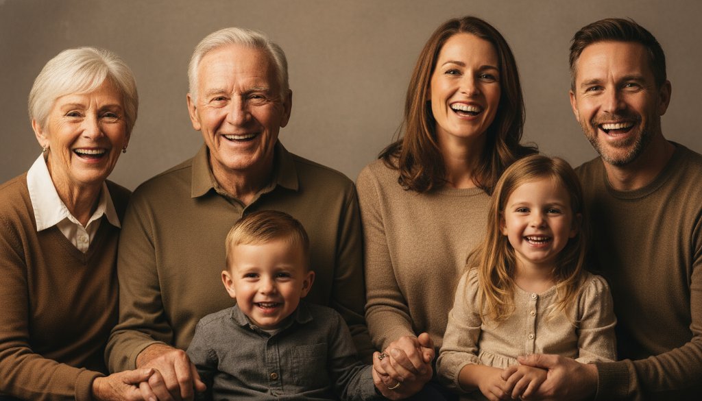 An emotionally resonant, professional portrait of a multi-generational family joyfully interacting in a brightly lit studio, embodying Oakleigh studio photography capturing timeless family portraits.