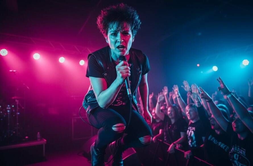 Dynamic wide-angle shot of a lead guitarist in mid-jump during an electrifying performance at an Oakleigh live music venue, audience hands raised, bathed in dramatic magenta and blue stage lights, capturing the true essence of Oakleigh vibrant live music photography Victoria.