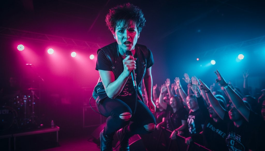 Dynamic wide-angle shot of a lead guitarist in mid-jump during an electrifying performance at an Oakleigh live music venue, audience hands raised, bathed in dramatic magenta and blue stage lights, capturing the true essence of Oakleigh vibrant live music photography Victoria.