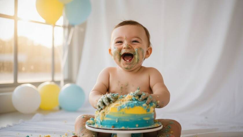 A joyful baby, covered in cake, laughing amidst colorful balloons and soft natural light, celebrating their first birthday during an Oakleigh Victoria smash cake photography first birthday joy session, captured in an epic, professional photograph.