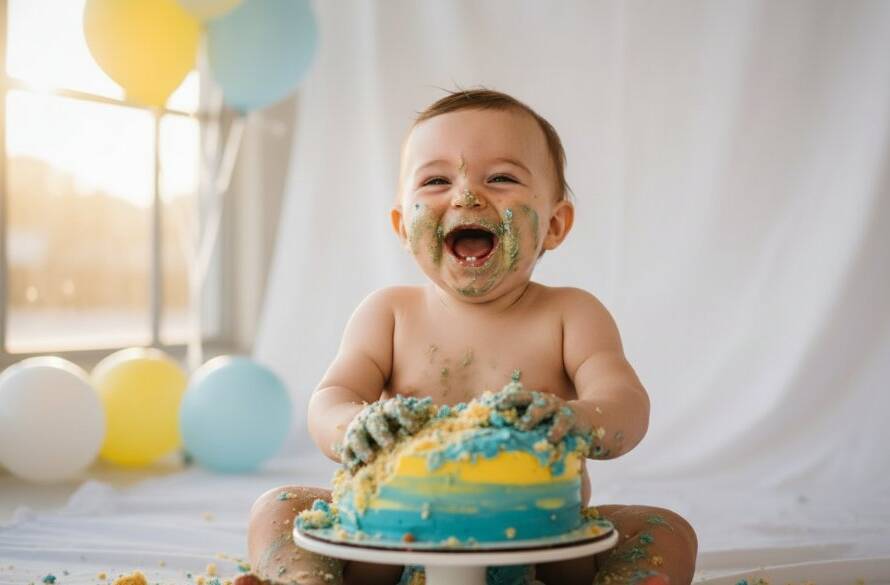 A joyful baby, covered in cake, laughing amidst colorful balloons and soft natural light, celebrating their first birthday during an Oakleigh Victoria smash cake photography first birthday joy session, captured in an epic, professional photograph.