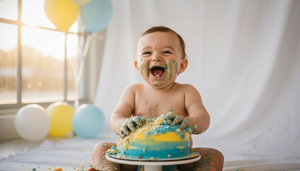 A joyful baby, covered in cake, laughing amidst colorful balloons and soft natural light, celebrating their first birthday during an Oakleigh Victoria smash cake photography first birthday joy session, captured in an epic, professional photograph.