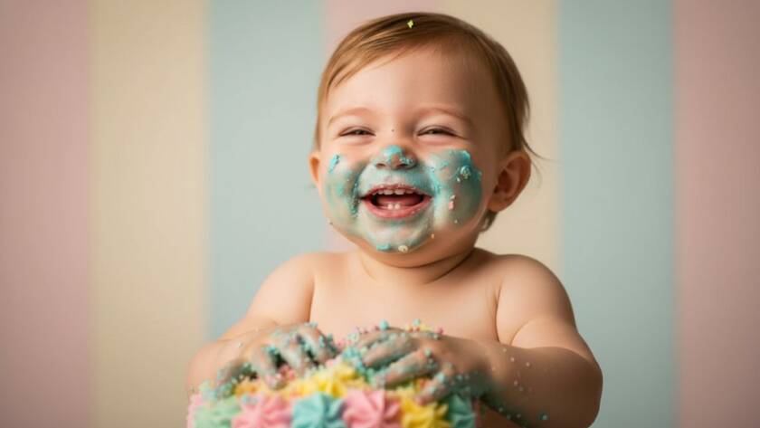 An adorable toddler gleefully smashing a colourful cake during an Oakleigh Victoria toddler cake smash photography session, with frosting smeared on their face and hands, captured in a dramatic, professionally lit, and colour-graded close-up, highlighting the pure joy and chaotic beauty of the first birthday celebration.