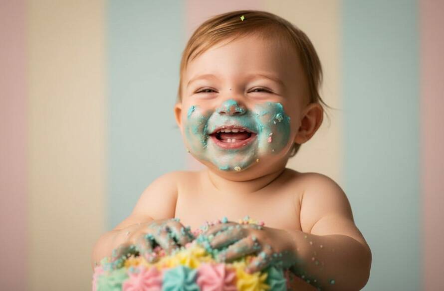 An adorable toddler gleefully smashing a colourful cake during an Oakleigh Victoria toddler cake smash photography session, with frosting smeared on their face and hands, captured in a dramatic, professionally lit, and colour-graded close-up, highlighting the pure joy and chaotic beauty of the first birthday celebration.
