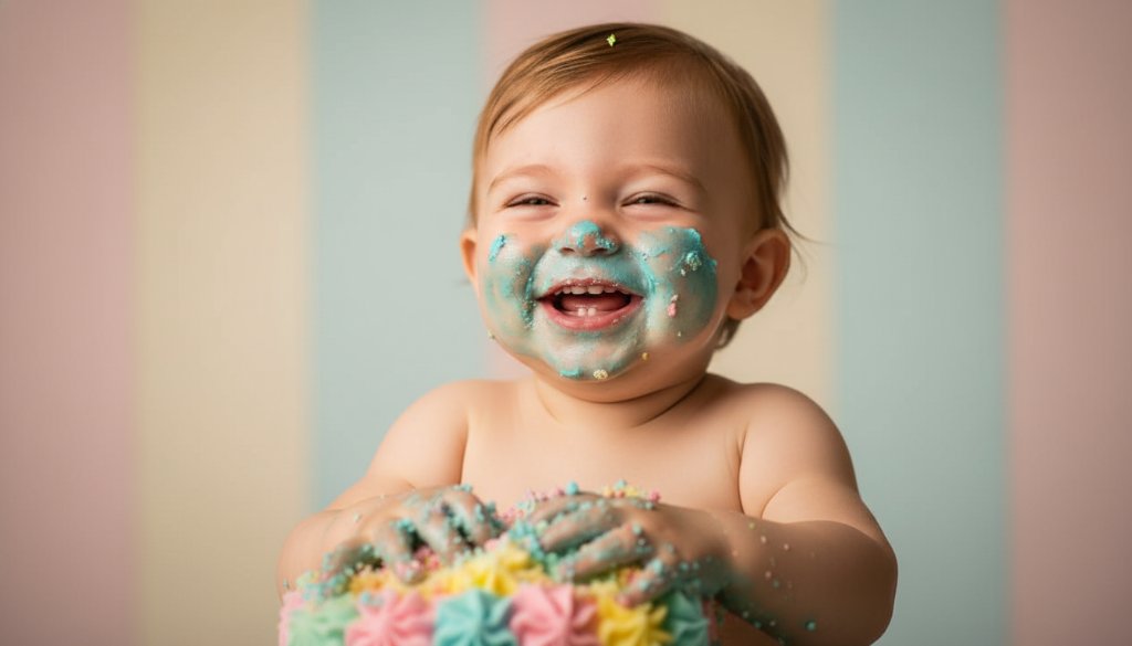 An adorable toddler gleefully smashing a colourful cake during an Oakleigh Victoria toddler cake smash photography session, with frosting smeared on their face and hands, captured in a dramatic, professionally lit, and colour-graded close-up, highlighting the pure joy and chaotic beauty of the first birthday celebration.
