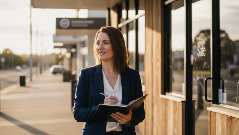 An inspiring professional woman, an Officer Victoria bespoke branding photography for local entrepreneurs client, confidently stands in front of a rustic, sun-drenched cafe in Officer, showcasing her brand's approachable yet expert essence, with dramatic golden hour lighting and bokeh background.