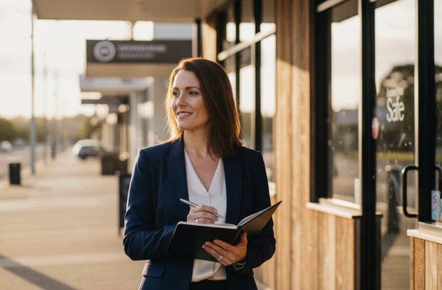 An inspiring professional woman, an Officer Victoria bespoke branding photography for local entrepreneurs client, confidently stands in front of a rustic, sun-drenched cafe in Officer, showcasing her brand's approachable yet expert essence, with dramatic golden hour lighting and bokeh background.