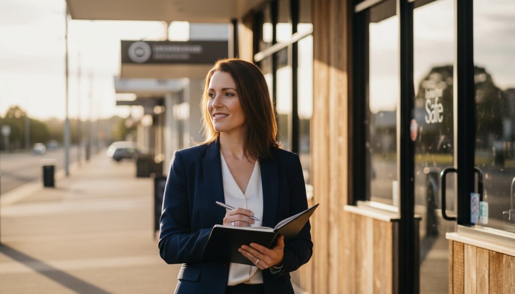 An inspiring professional woman, an Officer Victoria bespoke branding photography for local entrepreneurs client, confidently stands in front of a rustic, sun-drenched cafe in Officer, showcasing her brand's approachable yet expert essence, with dramatic golden hour lighting and bokeh background.