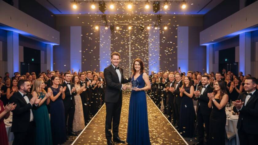 A wide shot capturing the vibrant energy of a high-profile gala dinner at a grand venue in Officer, Victoria, featuring the exceptional Officer Victoria corporate event photography expertise in action, with guests networking under dramatic lighting and a presenter on stage.