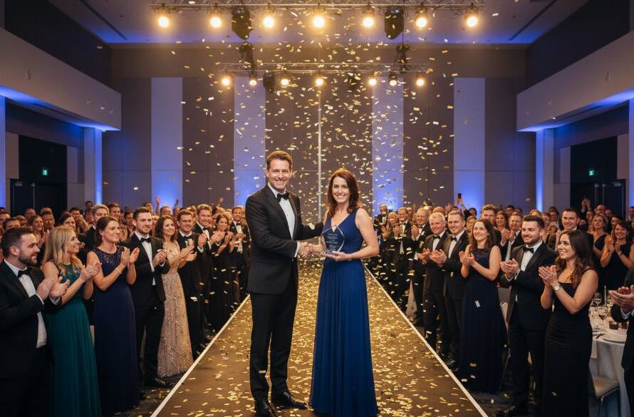 A wide shot capturing the vibrant energy of a high-profile gala dinner at a grand venue in Officer, Victoria, featuring the exceptional Officer Victoria corporate event photography expertise in action, with guests networking under dramatic lighting and a presenter on stage.
