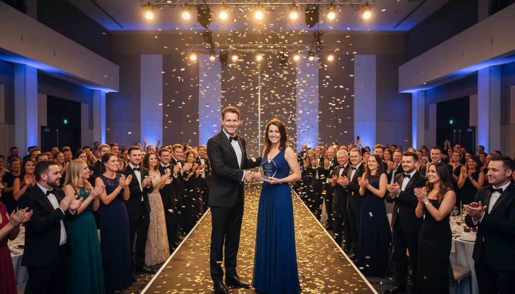 A wide shot capturing the vibrant energy of a high-profile gala dinner at a grand venue in Officer, Victoria, featuring the exceptional Officer Victoria corporate event photography expertise in action, with guests networking under dramatic lighting and a presenter on stage.