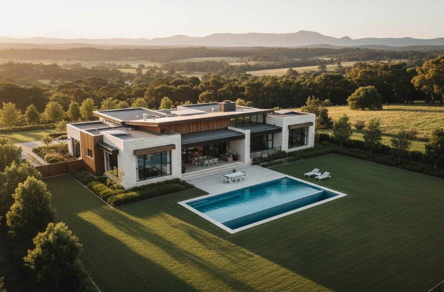 An epic drone photograph showcasing a modern family home in Officer, Victoria, bathed in golden hour light, highlighting expansive green surrounds and the property's unique features, perfectly demonstrating Officer Victoria drone photography for unique property marketing.