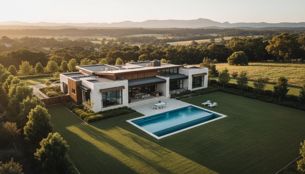 An epic drone photograph showcasing a modern family home in Officer, Victoria, bathed in golden hour light, highlighting expansive green surrounds and the property's unique features, perfectly demonstrating Officer Victoria drone photography for unique property marketing.