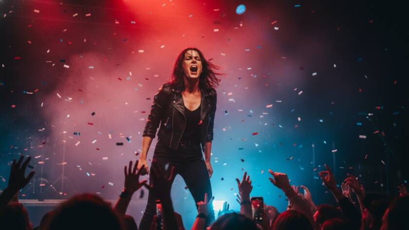 An electrifying close-up of a guitarist mid-shred under dramatic stage lights, capturing an Officer Victoria live concert photography electric moments, with blurred crowd movement in the background adding to the dynamic energy.