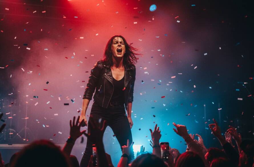 An electrifying close-up of a guitarist mid-shred under dramatic stage lights, capturing an Officer Victoria live concert photography electric moments, with blurred crowd movement in the background adding to the dynamic energy.