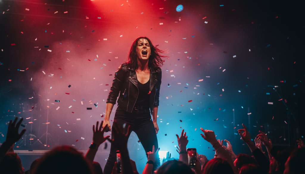 An electrifying close-up of a guitarist mid-shred under dramatic stage lights, capturing an Officer Victoria live concert photography electric moments, with blurred crowd movement in the background adding to the dynamic energy.