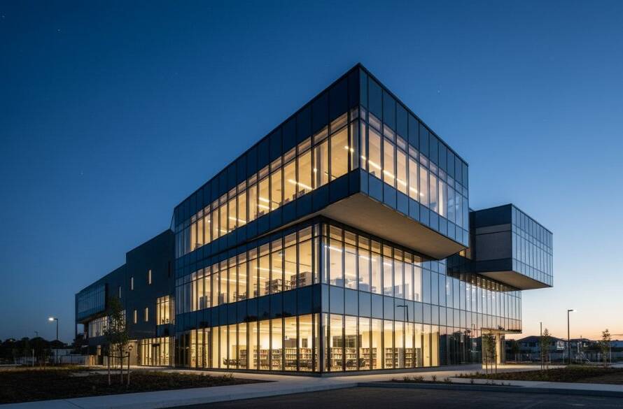 Dramatic wide-angle shot capturing Officer Victoria modern architectural marvels photography at twilight, highlighting a newly built, geometrically striking public building with warm interior lights glowing against a deep blue sky, taken from a low angle with professional colour grading.
