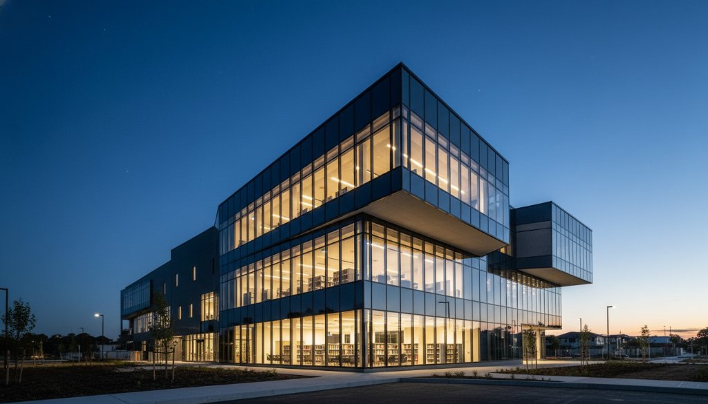 Dramatic wide-angle shot capturing Officer Victoria modern architectural marvels photography at twilight, highlighting a newly built, geometrically striking public building with warm interior lights glowing against a deep blue sky, taken from a low angle with professional colour grading.