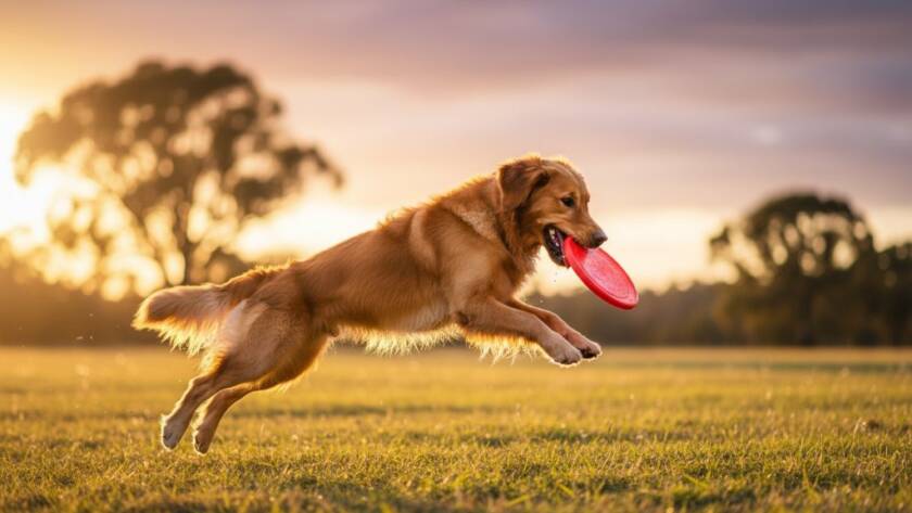 An epic moment captured by an Officer Victoria pet photographer capturing joyful canine portraits: A golden retriever mid-leap, catching a frisbee in golden hour light at Officer's open fields, dynamic action shot with blurred background.