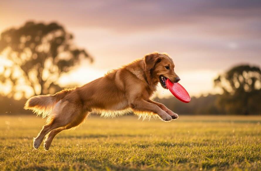 An epic moment captured by an Officer Victoria pet photographer capturing joyful canine portraits: A golden retriever mid-leap, catching a frisbee in golden hour light at Officer's open fields, dynamic action shot with blurred background.