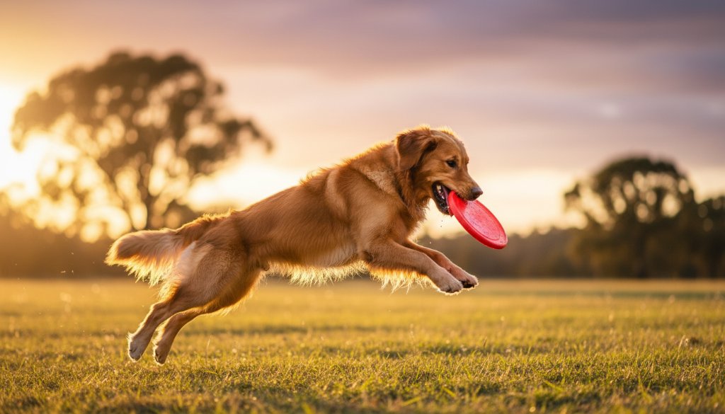 An epic moment captured by an Officer Victoria pet photographer capturing joyful canine portraits: A golden retriever mid-leap, catching a frisbee in golden hour light at Officer's open fields, dynamic action shot with blurred background.