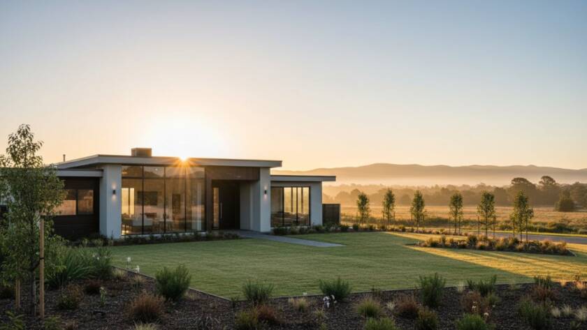 A wide-angle, 'golden hour' shot of a modern family home in Officer, Victoria, beautifully illuminated, showcasing the intricate landscaping and inviting facade, highlighting the exceptional quality of Officer Victoria real estate photography.