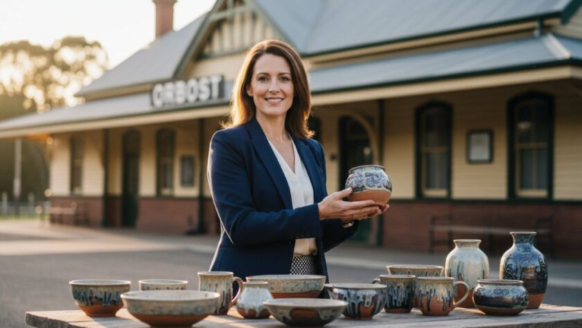 Dynamic portrait of a passionate female small business owner in Orbost, Victoria, showcasing her handcrafted products with the Orbost Railway Station in the background at sunset, bathed in golden light, an epic moment in Orbost branding photography for small businesses.