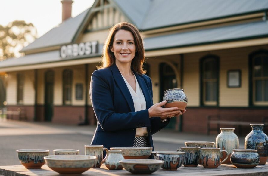 Dynamic portrait of a passionate female small business owner in Orbost, Victoria, showcasing her handcrafted products with the Orbost Railway Station in the background at sunset, bathed in golden light, an epic moment in Orbost branding photography for small businesses.