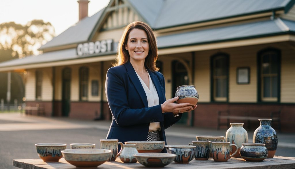 Dynamic portrait of a passionate female small business owner in Orbost, Victoria, showcasing her handcrafted products with the Orbost Railway Station in the background at sunset, bathed in golden light, an epic moment in Orbost branding photography for small businesses.