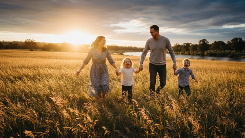 A heartwarming Orbost candid family photography authentic moments captured by Image by SD, featuring a family laughing joyfully by the Snowy River at sunset, bathed in golden light, evoking pure happiness and connection.
