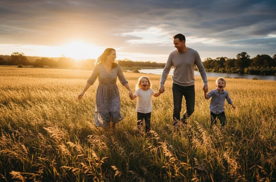 A heartwarming Orbost candid family photography authentic moments captured by Image by SD, featuring a family laughing joyfully by the Snowy River at sunset, bathed in golden light, evoking pure happiness and connection.