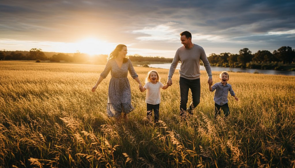 A heartwarming Orbost candid family photography authentic moments captured by Image by SD, featuring a family laughing joyfully by the Snowy River at sunset, bathed in golden light, evoking pure happiness and connection.