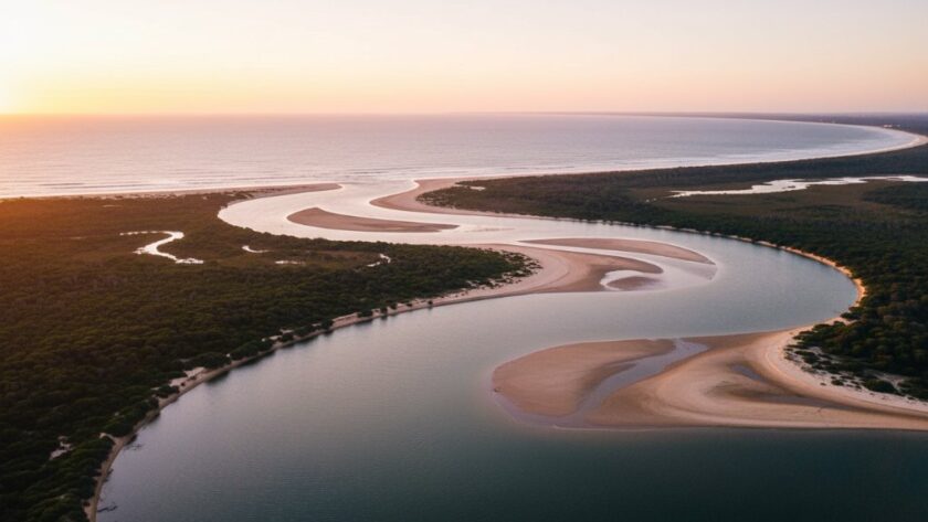 An epic moment captured by Orbost cinematic drone photography, showcasing the dramatic confluence of the Snowy River and the Southern Ocean at Marlo, bathed in golden hour light, with dense national park on either side, viewed from a high angle.