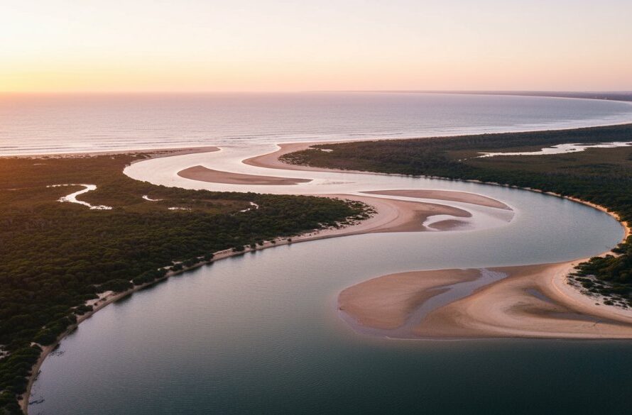 An epic moment captured by Orbost cinematic drone photography, showcasing the dramatic confluence of the Snowy River and the Southern Ocean at Marlo, bathed in golden hour light, with dense national park on either side, viewed from a high angle.