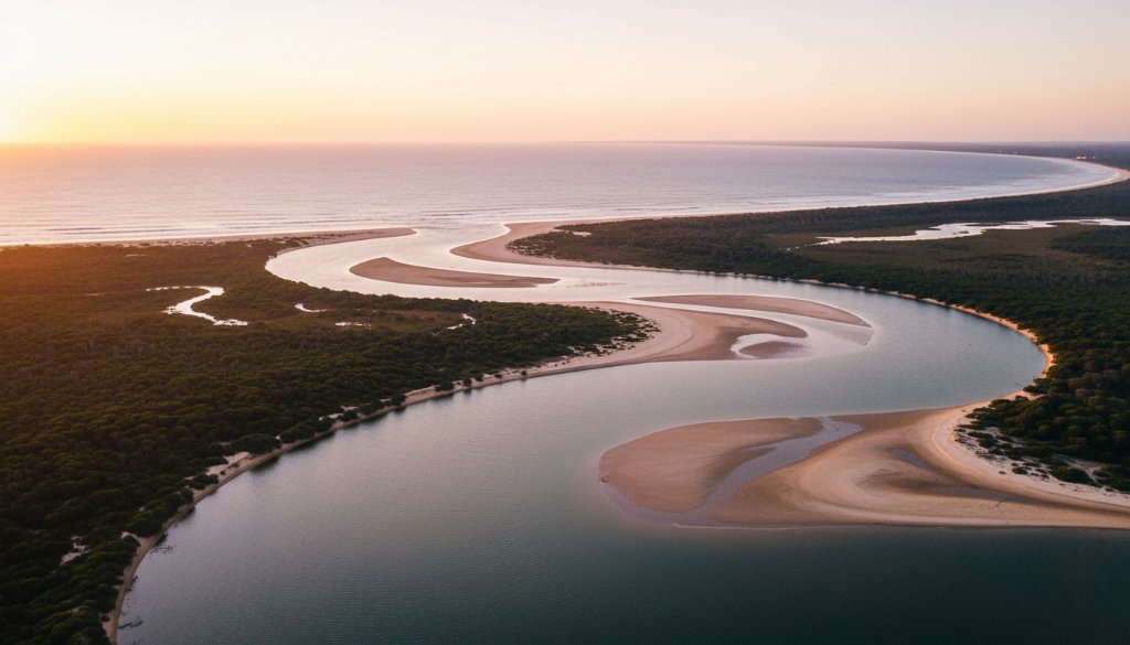An epic moment captured by Orbost cinematic drone photography, showcasing the dramatic confluence of the Snowy River and the Southern Ocean at Marlo, bathed in golden hour light, with dense national park on either side, viewed from a high angle.