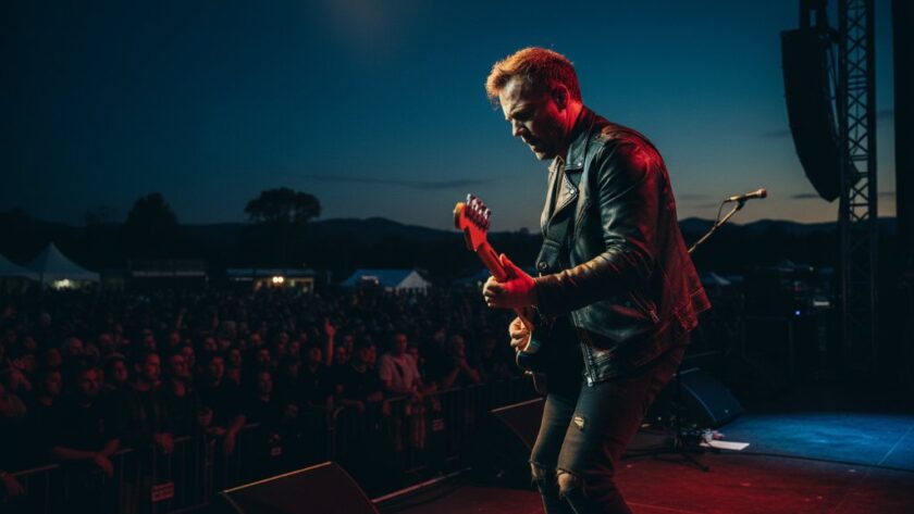 Dynamic, wide-angle shot of a lead guitarist mid-solo under dramatic stage lighting at an outdoor music festival in Orbost, Victoria, capturing the Orbost Concert Photography Capturing East Gippsland Rhythms. Crowd silhouettes add to the vibrant atmosphere.
