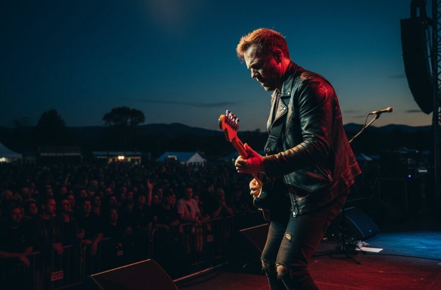 Dynamic, wide-angle shot of a lead guitarist mid-solo under dramatic stage lighting at an outdoor music festival in Orbost, Victoria, capturing the Orbost Concert Photography Capturing East Gippsland Rhythms. Crowd silhouettes add to the vibrant atmosphere.