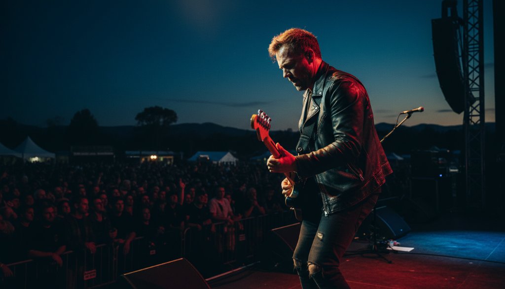 Dynamic, wide-angle shot of a lead guitarist mid-solo under dramatic stage lighting at an outdoor music festival in Orbost, Victoria, capturing the Orbost Concert Photography Capturing East Gippsland Rhythms. Crowd silhouettes add to the vibrant atmosphere.