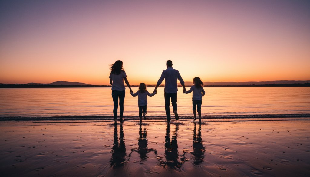 An Orbost family photography authentic East Gippsland memories scene, showing a family silhouetted against a dramatic sunset over the Snowy River estuary, laughing and running on a beach, professionally colour-graded with warm, golden light and cinematic composition.