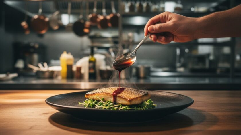 An epic moment captured in Orbost food photography capturing Gippsland flavours, showcasing a beautifully plated dish of freshly caught local seafood, perfectly seared, steam gently rising, garnished with native herbs, against a rustic wooden table with the warm glow of a setting sun filtering through a window, highlighting the texture and colours of the meal in a professional, cinematic style.