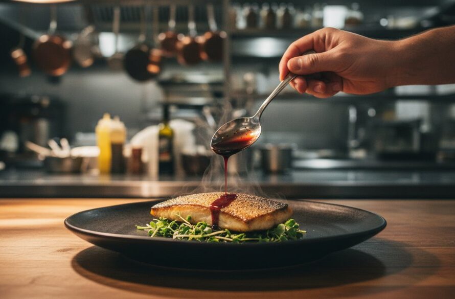 An epic moment captured in Orbost food photography capturing Gippsland flavours, showcasing a beautifully plated dish of freshly caught local seafood, perfectly seared, steam gently rising, garnished with native herbs, against a rustic wooden table with the warm glow of a setting sun filtering through a window, highlighting the texture and colours of the meal in a professional, cinematic style.