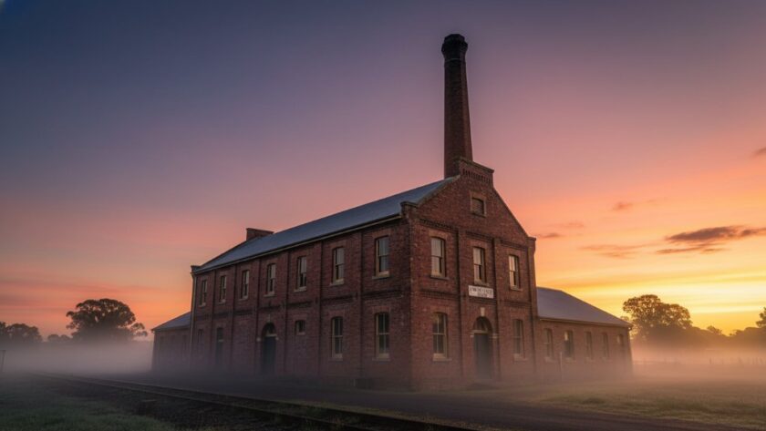 An epic wide-angle shot capturing the majestic, historic Orbost Butter Factory at dawn, with golden light illuminating its red brick facade and intricate details, set against a dramatic sky. This professional, color-graded architectural photograph highlights the building's grandeur and its place in Orbost's industrial heritage, showcasing expert Orbost heritage architecture photography services.