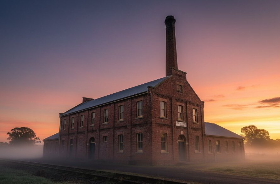 An epic wide-angle shot capturing the majestic, historic Orbost Butter Factory at dawn, with golden light illuminating its red brick facade and intricate details, set against a dramatic sky. This professional, color-graded architectural photograph highlights the building's grandeur and its place in Orbost's industrial heritage, showcasing expert Orbost heritage architecture photography services.