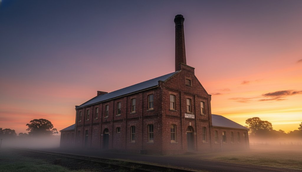 An epic wide-angle shot capturing the majestic, historic Orbost Butter Factory at dawn, with golden light illuminating its red brick facade and intricate details, set against a dramatic sky. This professional, color-graded architectural photograph highlights the building's grandeur and its place in Orbost's industrial heritage, showcasing expert Orbost heritage architecture photography services.