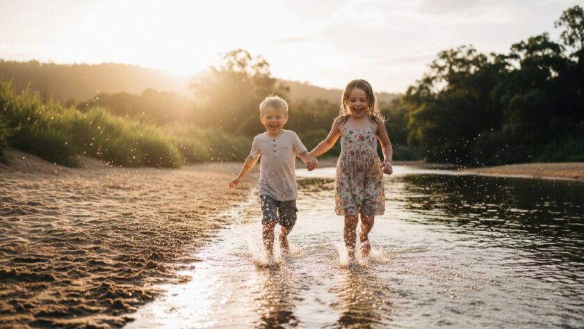 An epic moment of pure, authentic Orbost kids photography joy, showing two children laughing as they splash in the Snowy River at sunset, dramatic backlighting, professional colour grading.